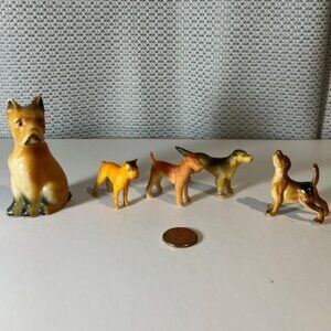 5 Miniature Dog Figurines/Toys 1.25"-1.50" Boxers, Schnauzer, Retriever & Beagle